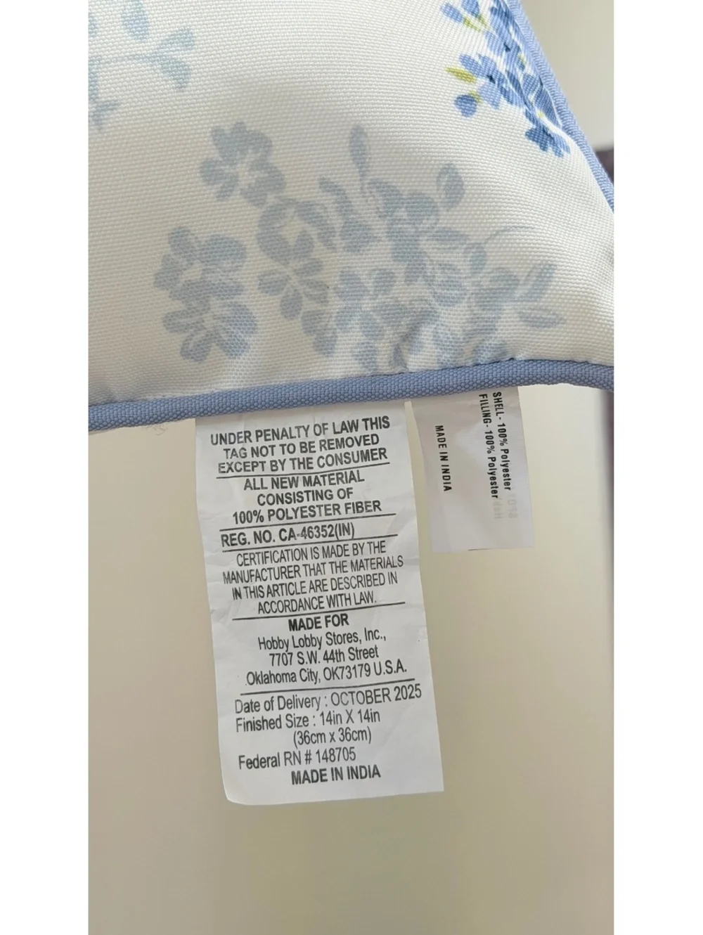 NWT Hobby Lobby Blue & White Floral Pillow